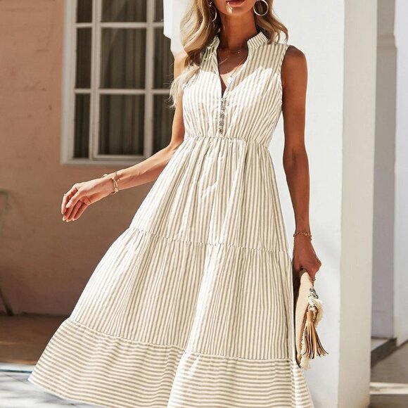 Multicolor Boho Womens Striped Print Notched Neck A-line Dress - Picture 4 of 5